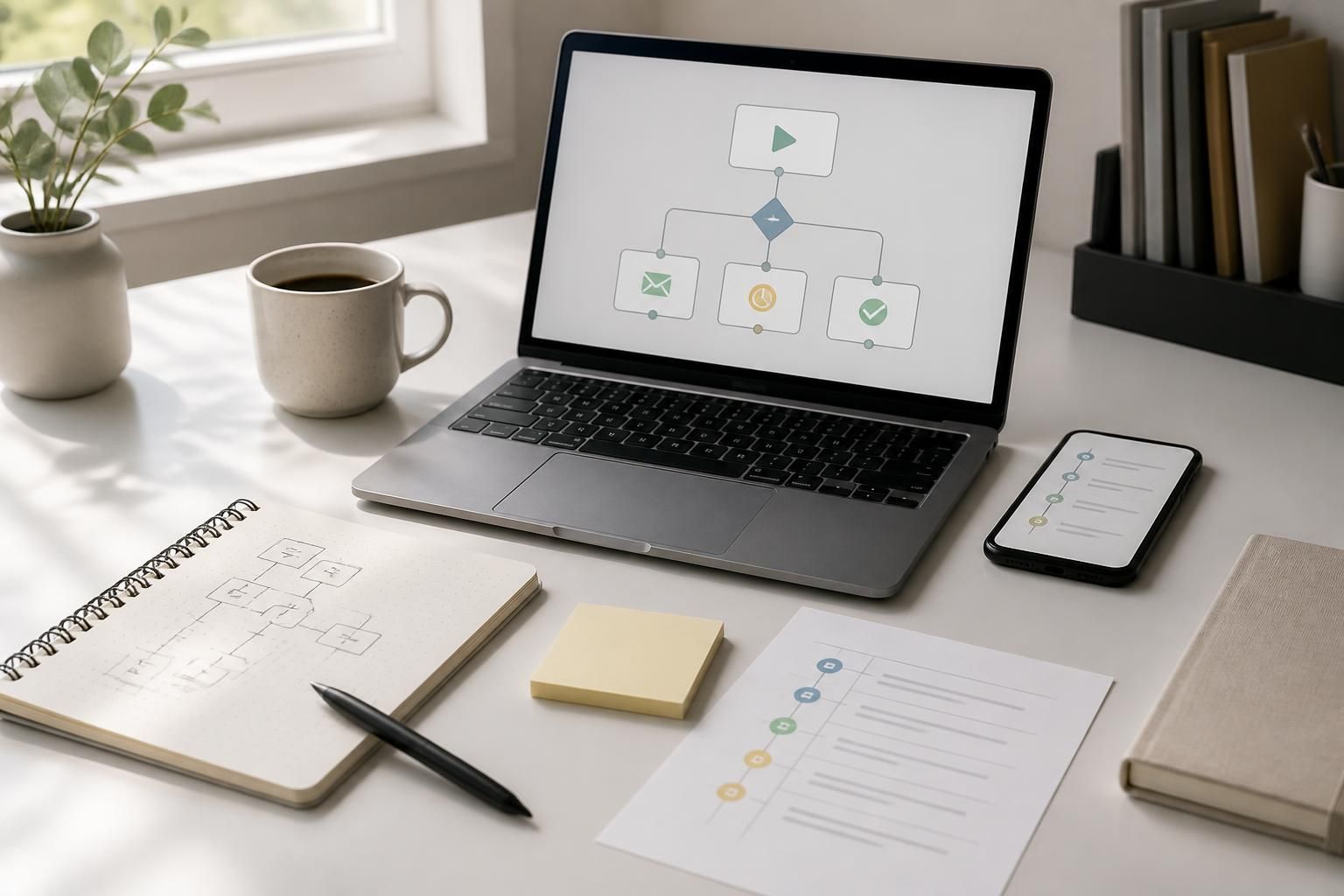 Modern automation workspace with laptop, phone, and organized workflow materials.
