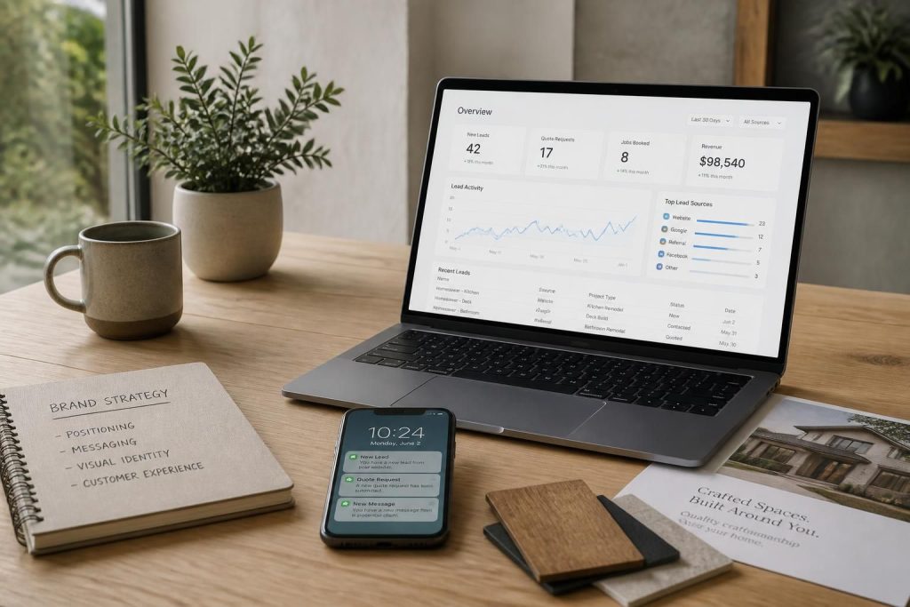 Modern marketing workspace with laptop and lead notification phone on a clean table.