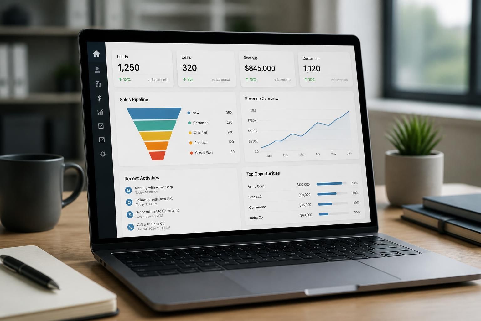 Laptop displaying an organized CRM-style dashboard in a clean office.