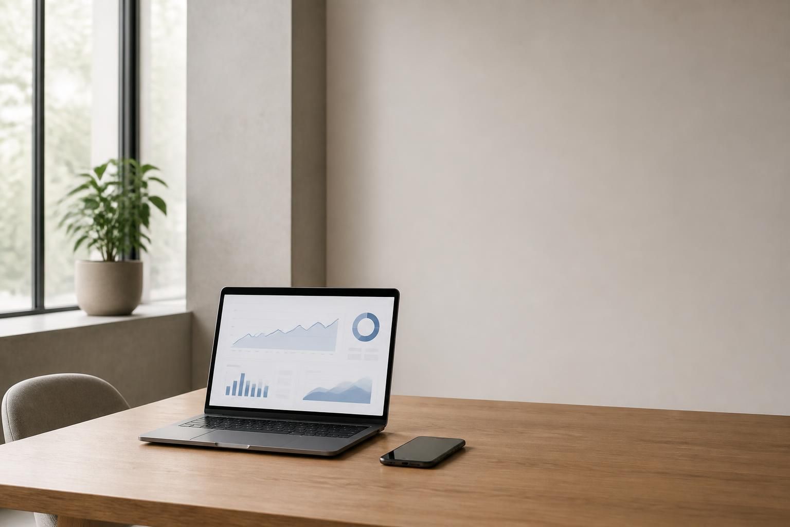 Modern office with laptop analytics and open space for text overlay.