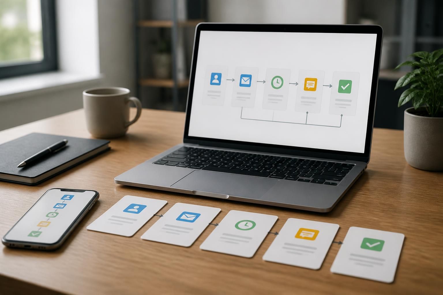 Laptop, phone, and workflow cards representing lead automation.