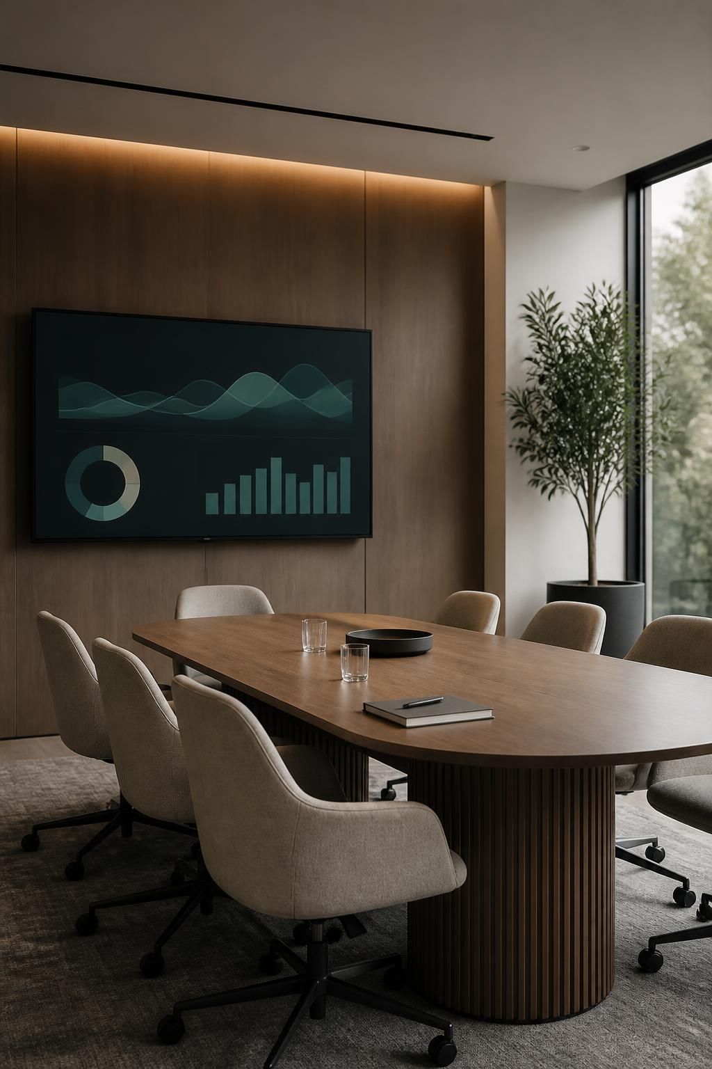 Modern meeting room with campaign visuals and a clean conference table.