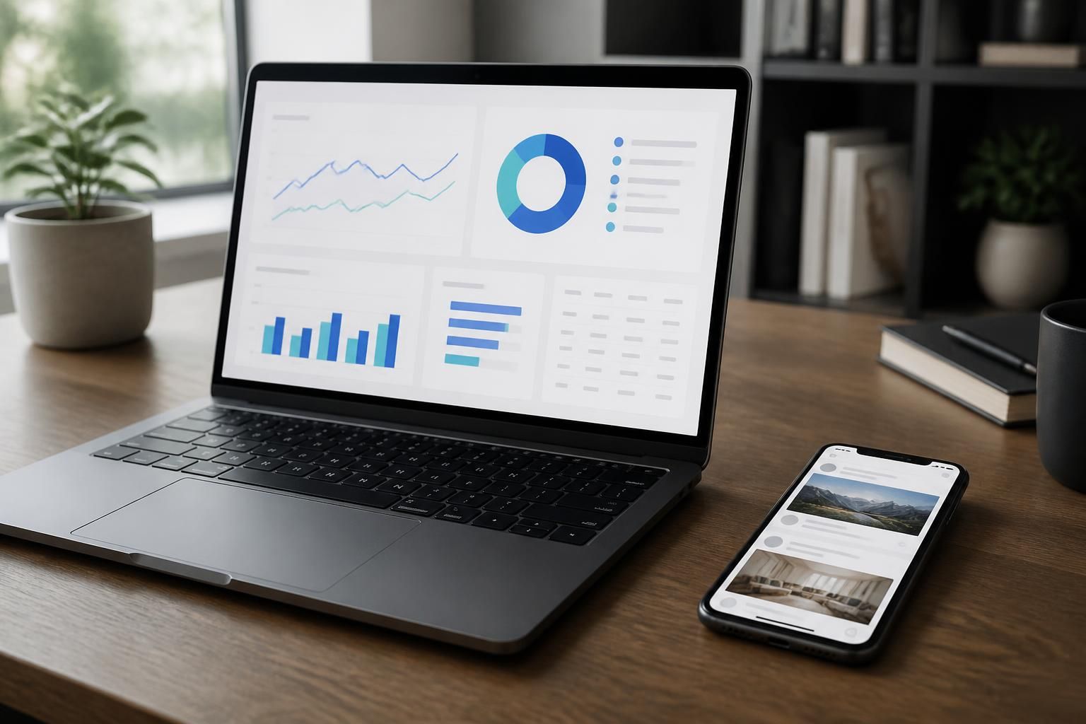 Laptop and smartphone showing abstract social ad campaign visuals.