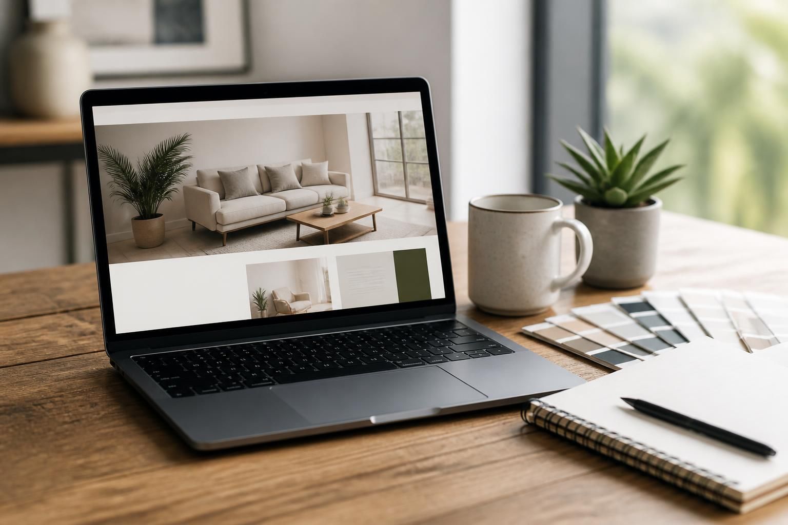 Laptop with website layout and brand color swatches on a clean desk.